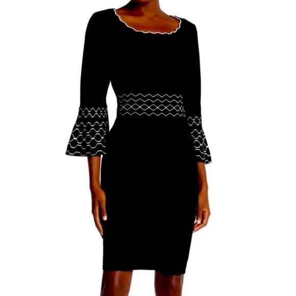 Black Scallop Neck Gold Embellished Bell Sleeves Bodycon Knit Dress NEW - Picture 1 of 3